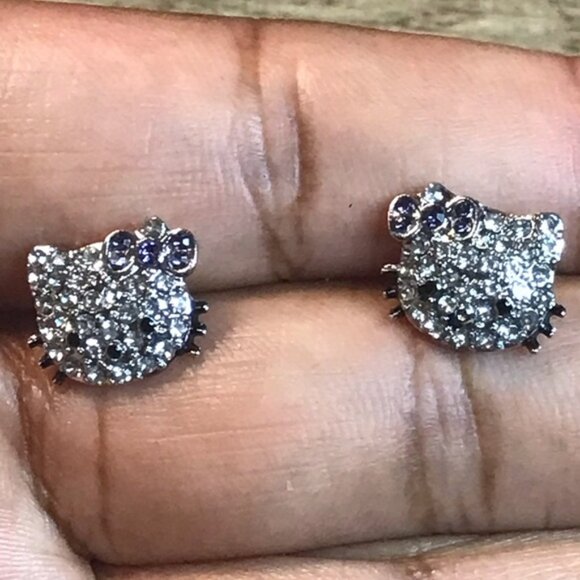 Purple Sanrio Hello Kitty Ear Stud Cute Girl Y2K Kawaii Rhinestone Earrings - Picture 2 of 6